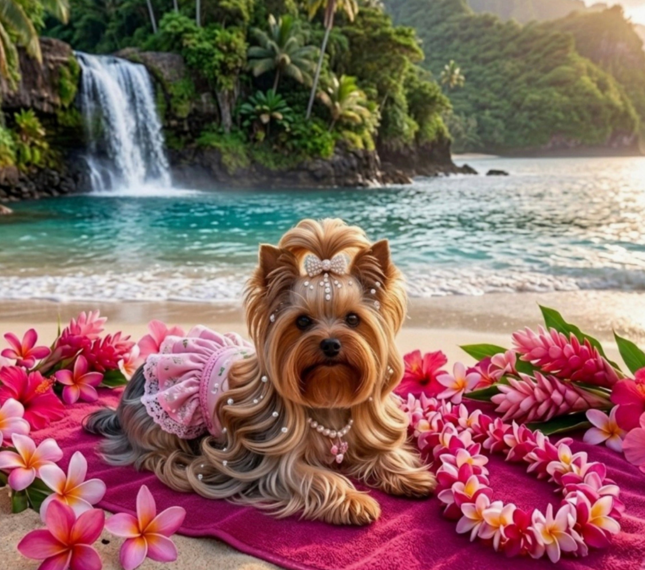 Beach Yorkshire Terrier Printable Digital Art,Pink Dog Art