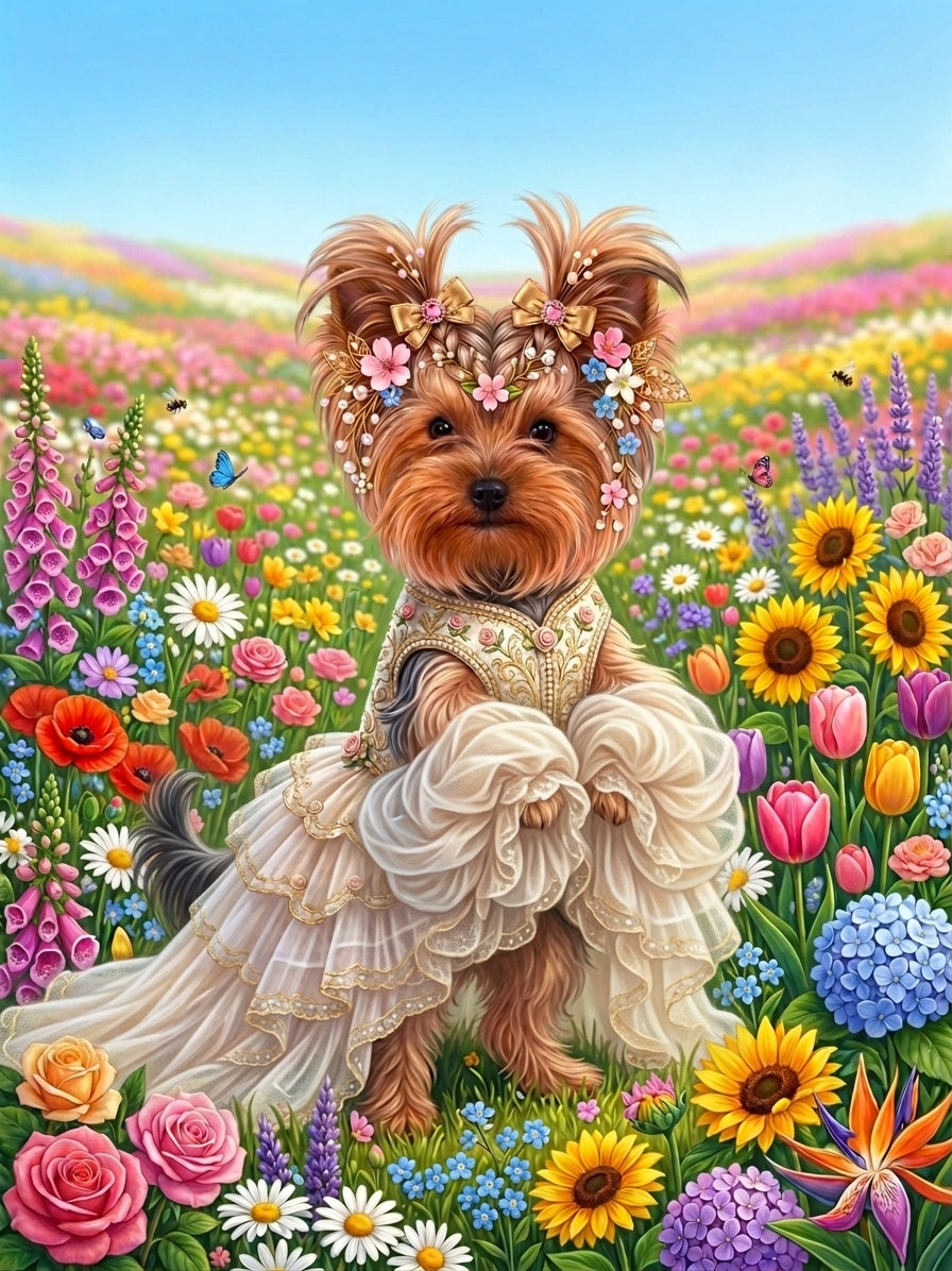 Floral Yorkie in Elegant Gown Wall Art,Printable Digital Download