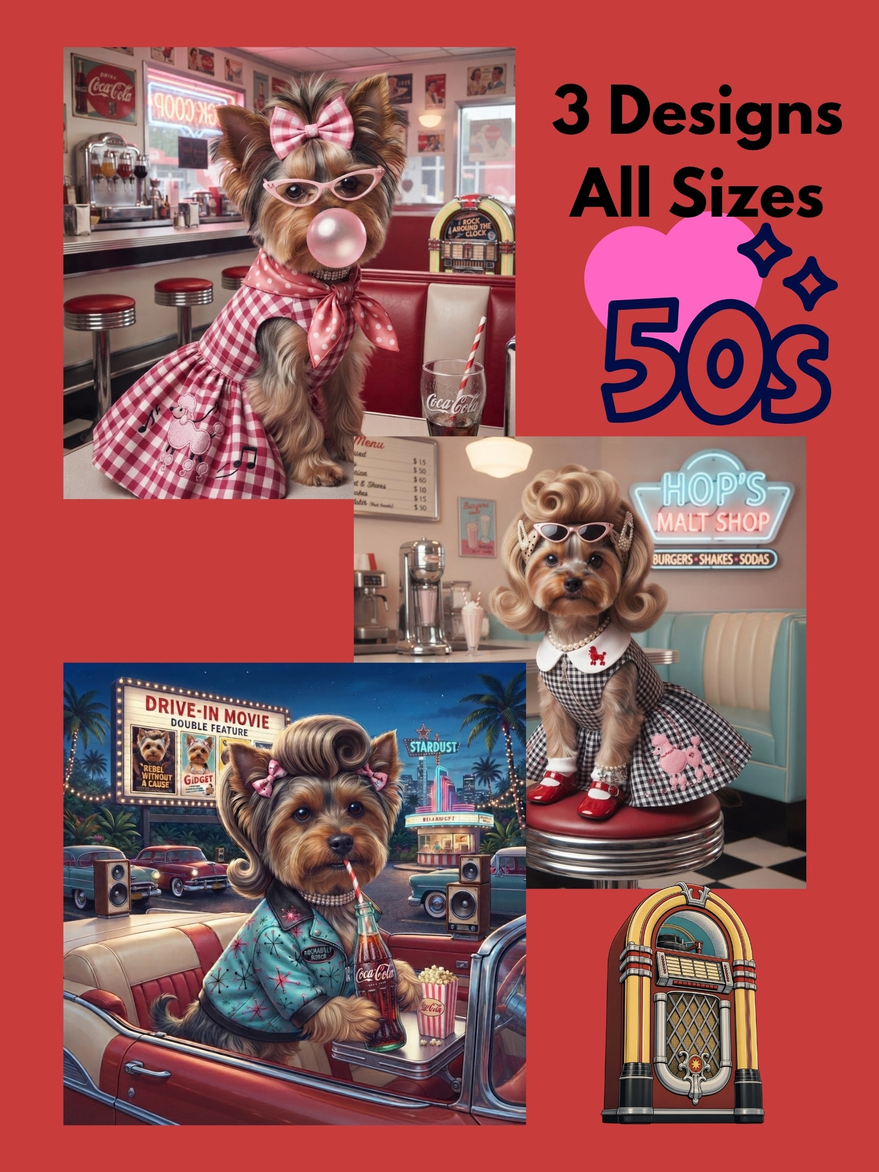 Yorkie Wall Art, 1950s Retro Dog Print, Vintage Diner Poodle Skirt Yorkshire Terrier, Set of 3 Printable Nursery & Living Room Decor, All Sizes