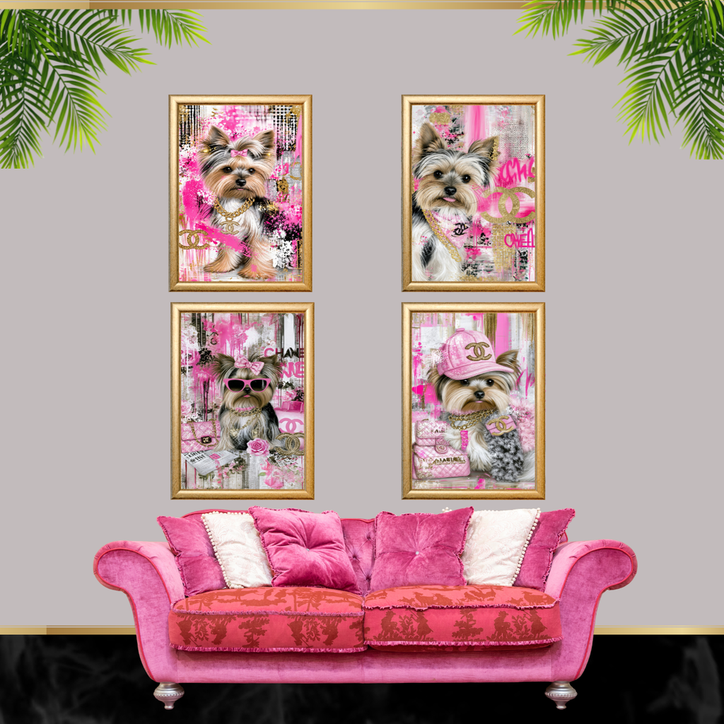 Pink Luxury Yorkie Dog Wall Art Set of 4 Printable Digital Download