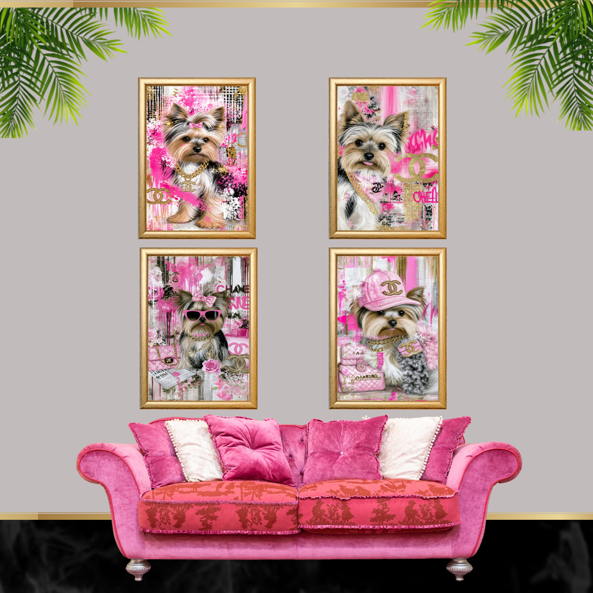 Pink Luxury Yorkie Dog Wall Art Set of 4 Printable Digital Download