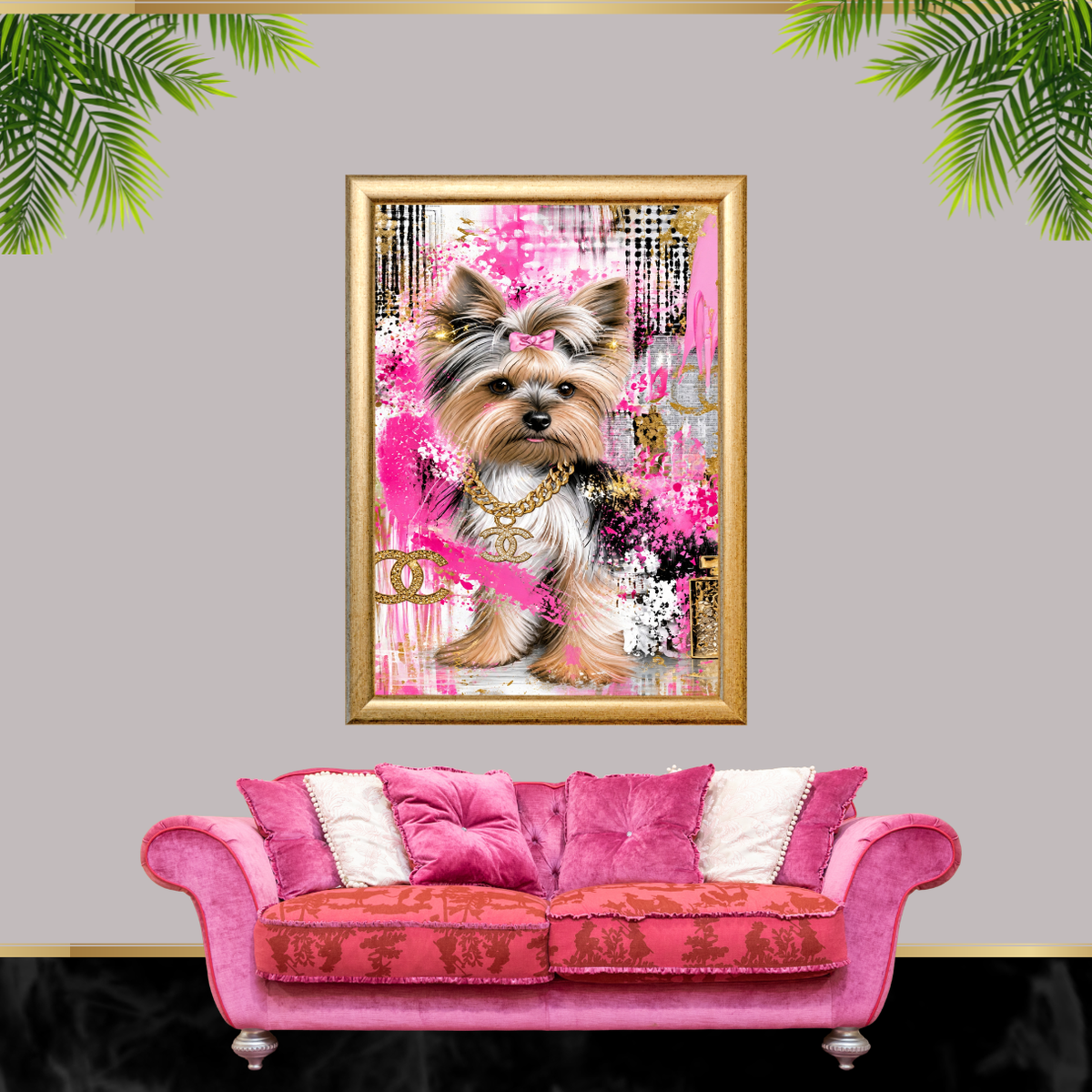 Pink Luxury Yorkie Dog Wall Art Set of 4 Printable Digital Download