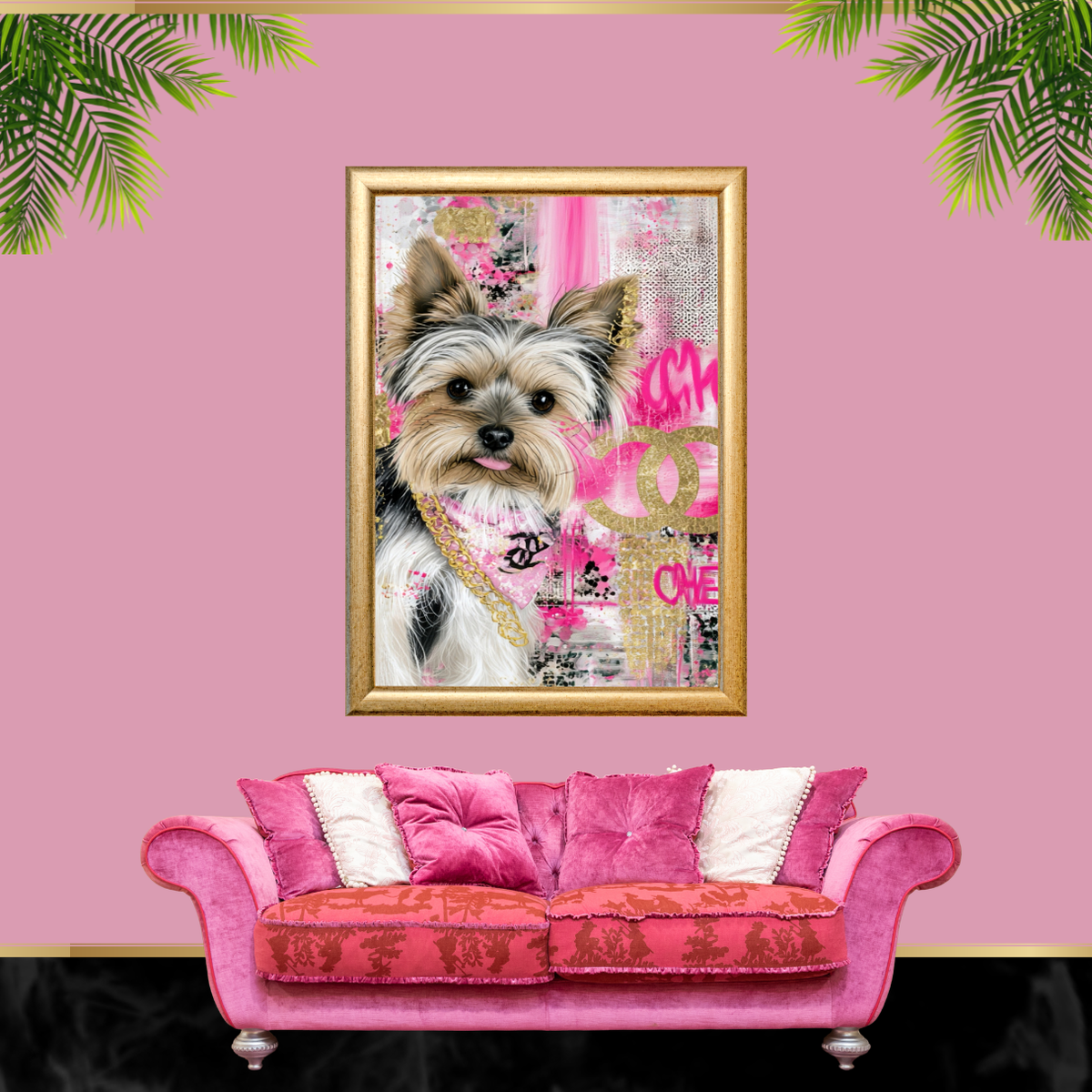 Pink Luxury Yorkie Dog Wall Art Set of 4 Printable Digital Download