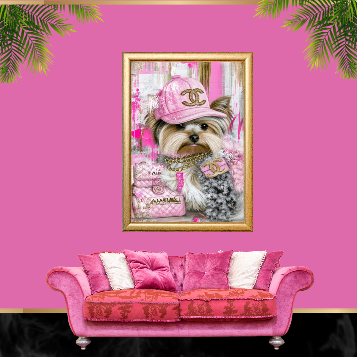 Pink Luxury Yorkie Dog Wall Art Set of 4 Printable Digital Download