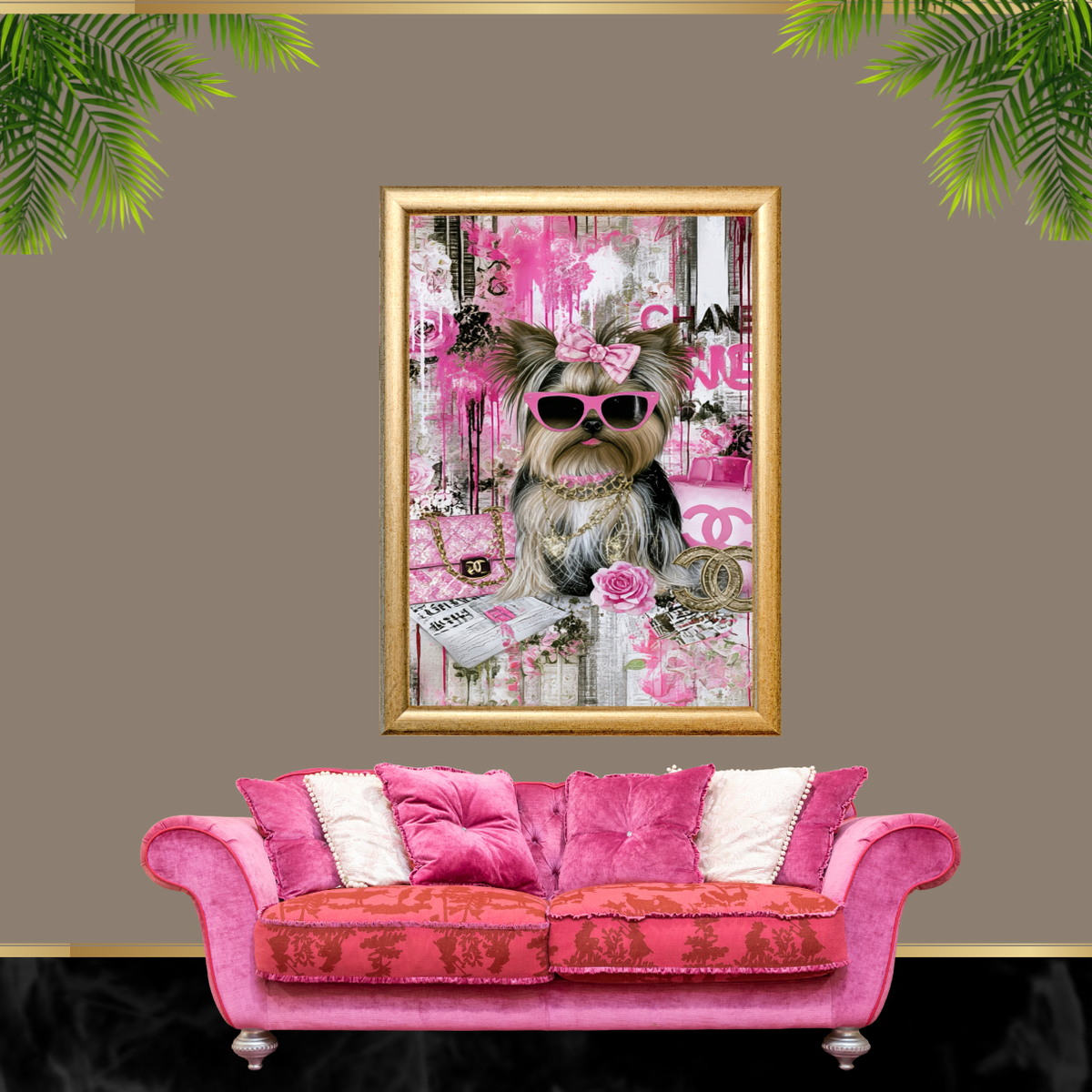 Pink Luxury Yorkie Dog Wall Art Set of 4 Printable Digital Download