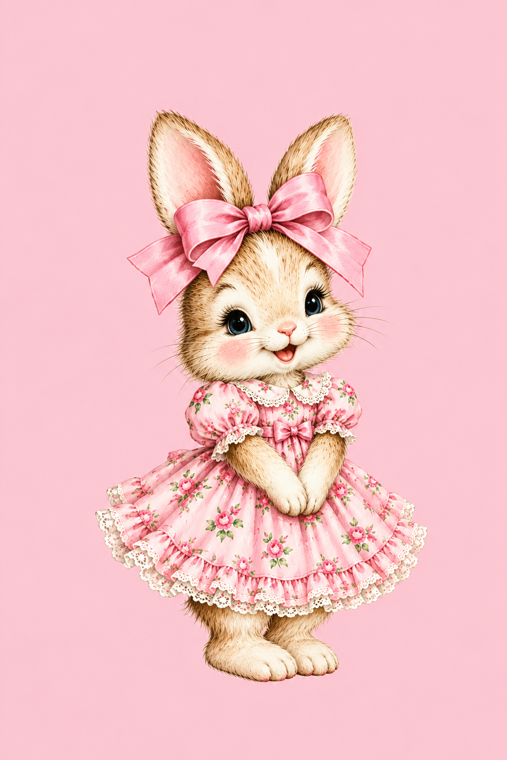Pink Bunny Printable Wall Art, Vintage Bunny Girl Nursery Decor, Digital Download, Shabby Chic Cottagecore Art