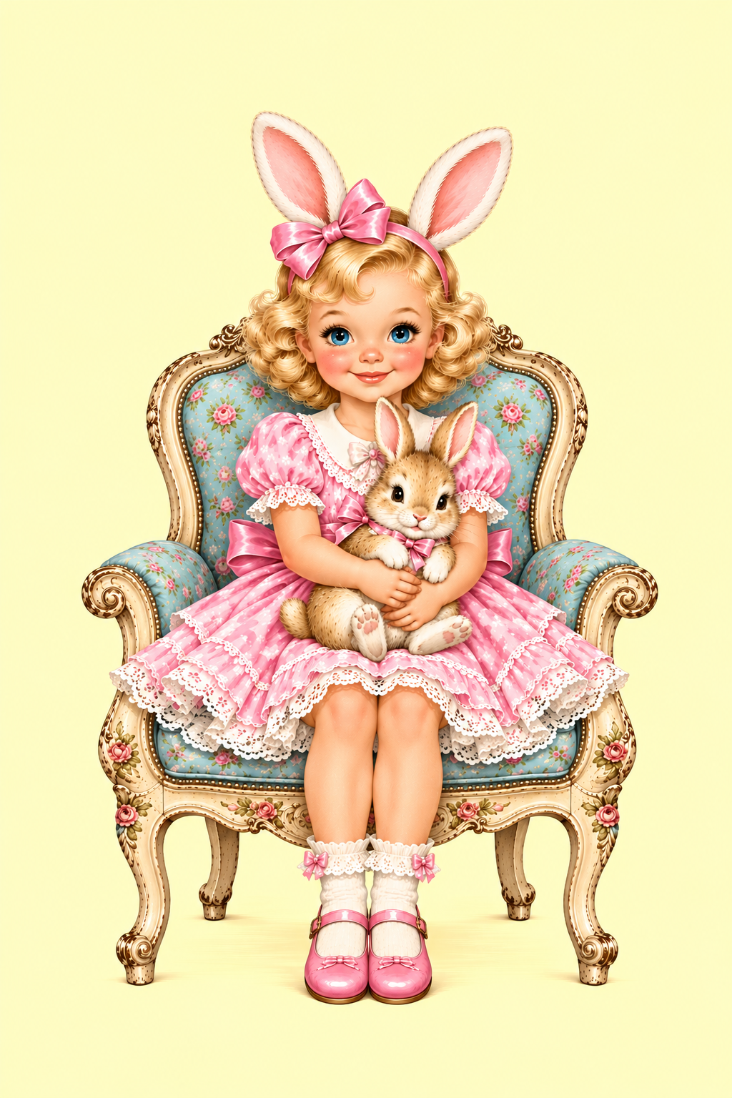 Vintage Bunny Girl Printable Wall Art, Pink Nursery Decor,Shabby Chic Digital Download