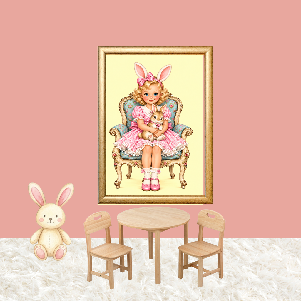 Vintage Bunny Girl Printable Wall Art, Pink Nursery Decor,Shabby Chic Digital Download