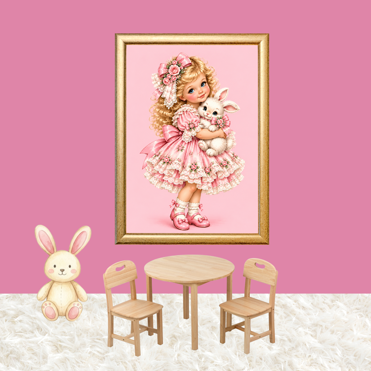 Vintage Girl Holding Bunny Printable Wall Art