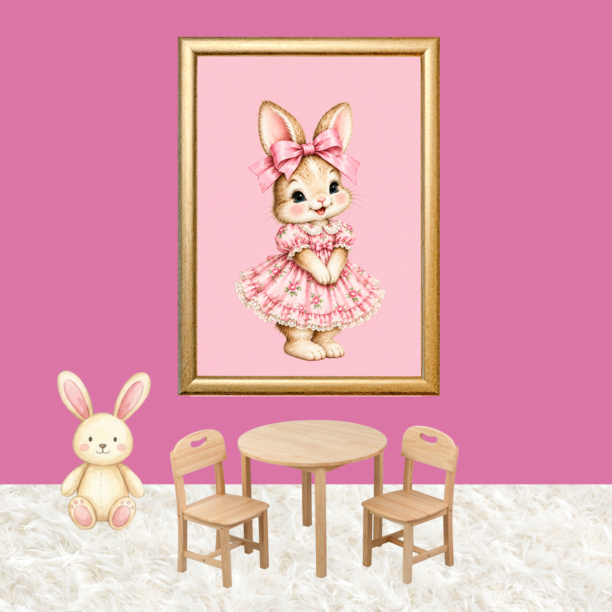 Pink Bunny Printable Wall Art, Vintage Bunny Girl Nursery Decor, Digital Download, Shabby Chic Cottagecore Art