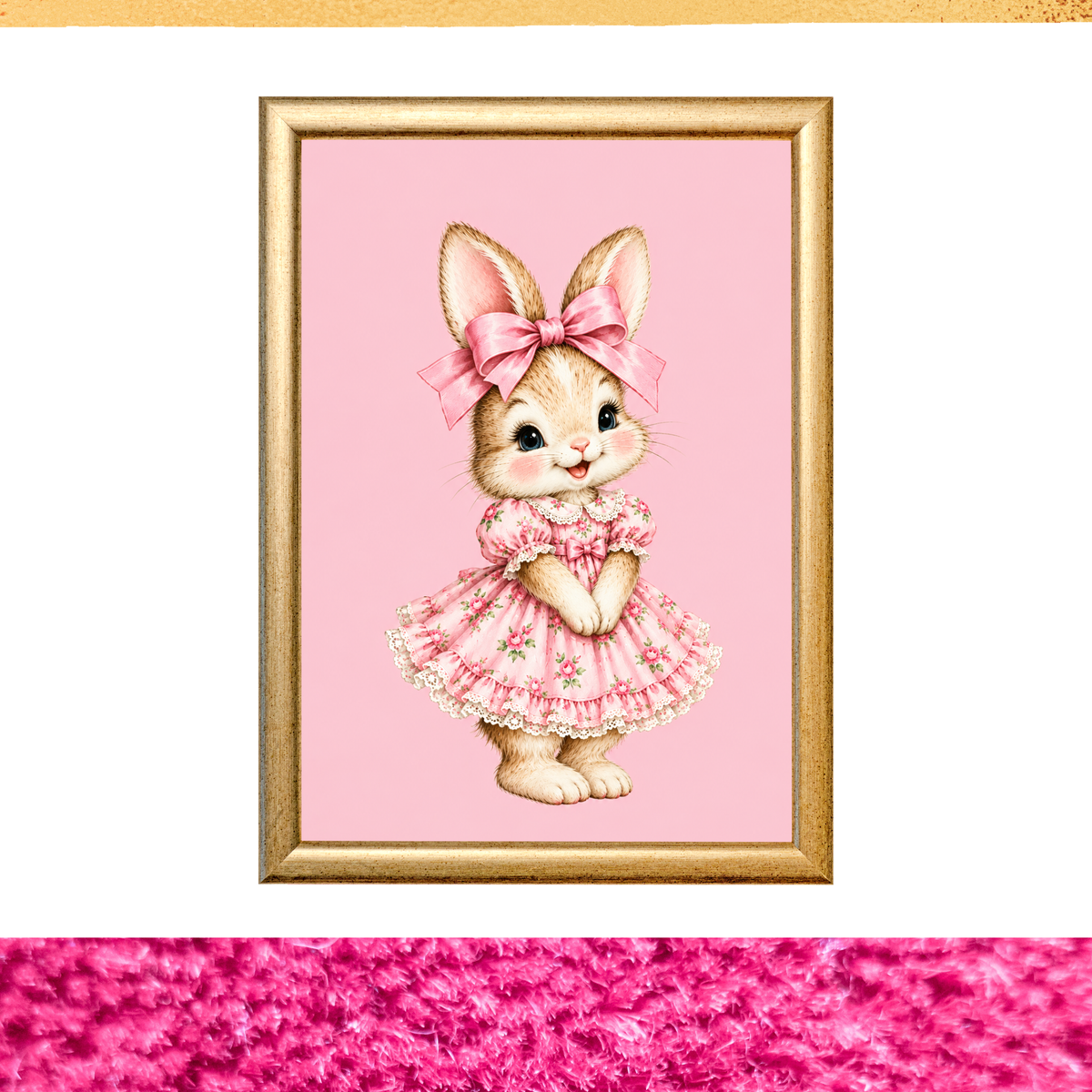 Pink Bunny Printable Wall Art, Vintage Bunny Girl Nursery Decor, Digital Download, Shabby Chic Cottagecore Art