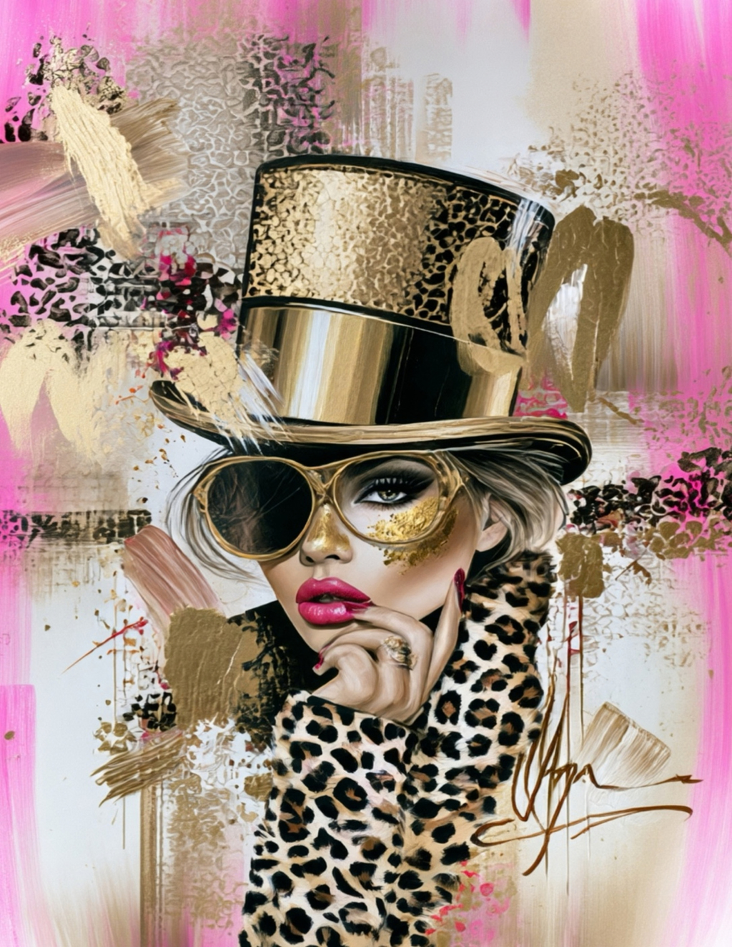 Glam Pop Art Print Set of 4, Pink Leopard Wall Art, Fashion Girl Printable Art