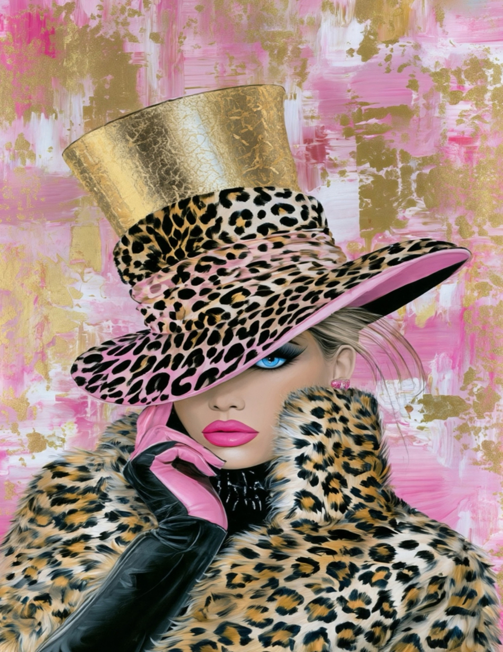 Glam Pop Art Print Set of 4, Pink Leopard Wall Art, Fashion Girl Printable Art