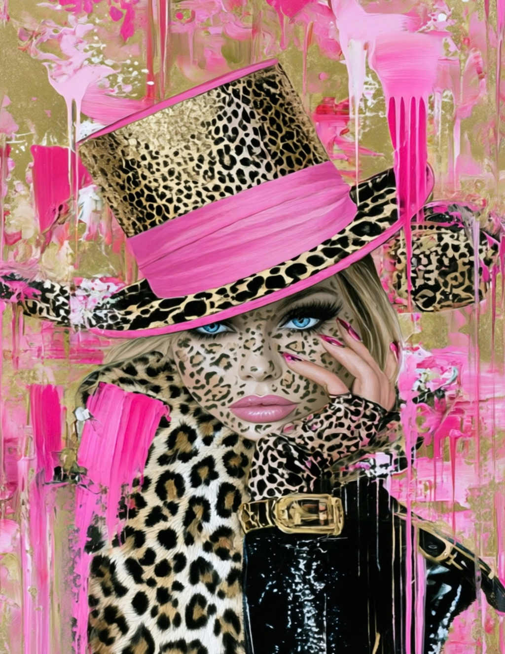 Glam Pop Art Print Set of 4, Pink Leopard Wall Art, Fashion Girl Printable Art