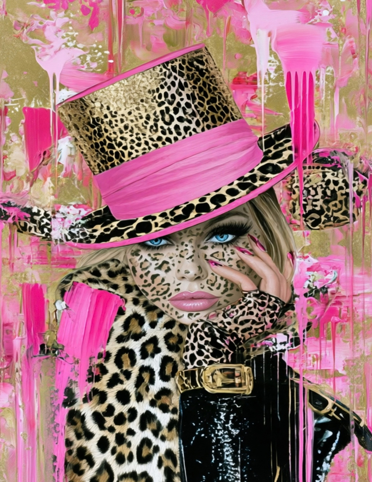 Glam Pop Art Print Set of 4, Pink Leopard Wall Art, Fashion Girl Printable Art