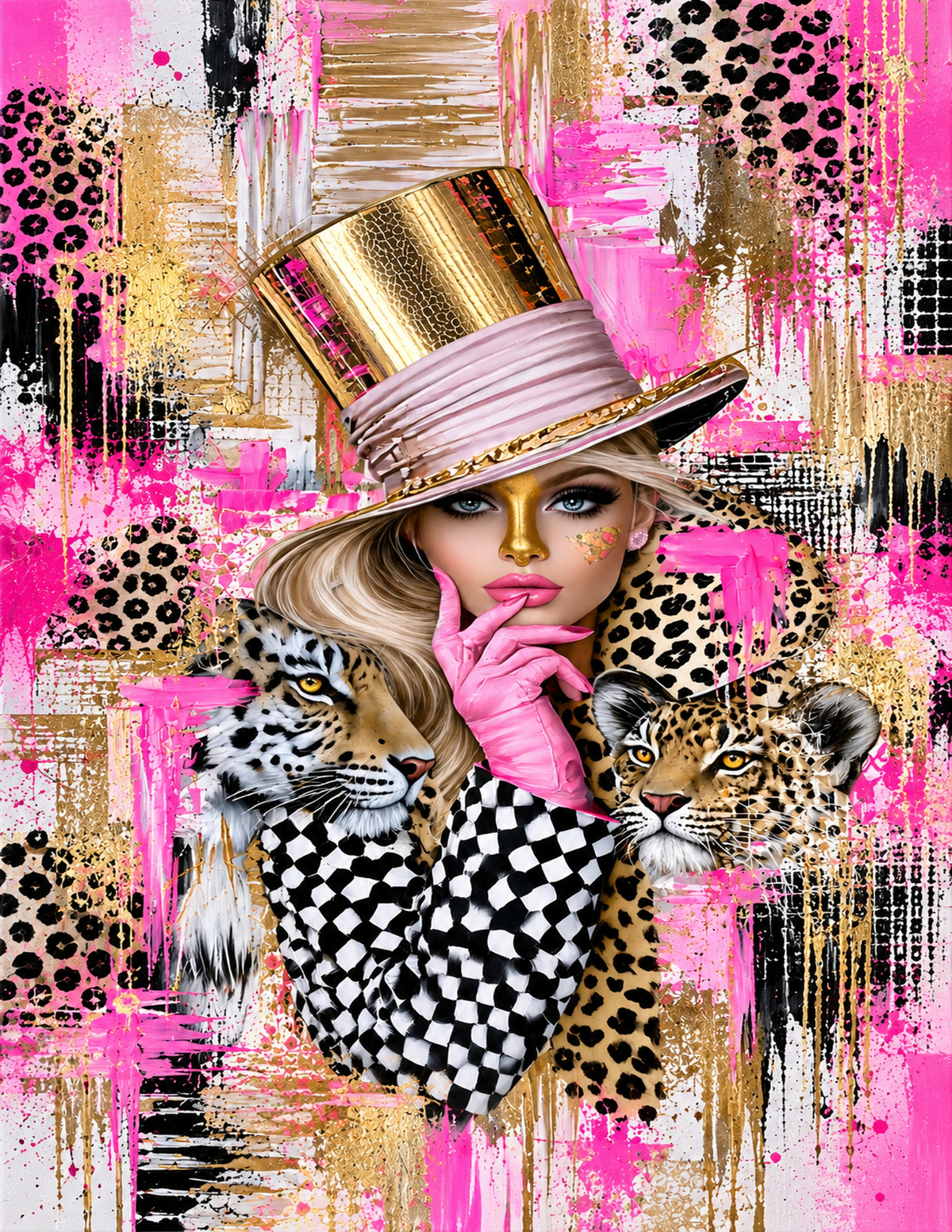 Glam Pop Art Print Set of 4, Pink Leopard Wall Art, Fashion Girl Printable Art