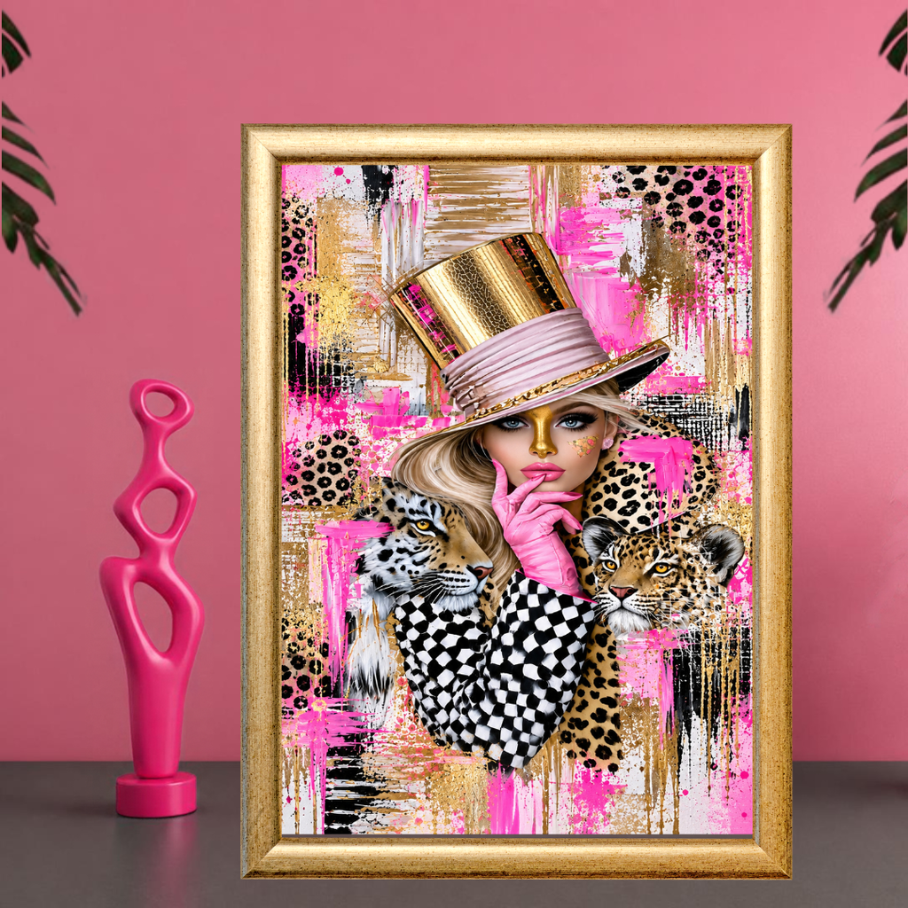 Glam Pop Art Print Set of 4, Pink Leopard Wall Art, Fashion Girl Printable Art