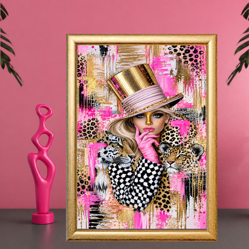 Glam Pop Art Print Set of 4, Pink Leopard Wall Art, Fashion Girl Printable Art