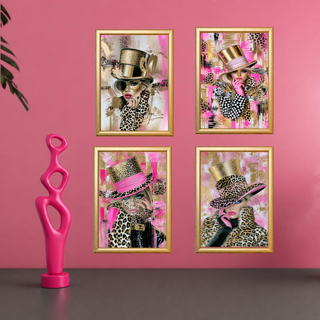 Glam Pop Art Print Set of 4, Pink Leopard Wall Art, Fashion Girl Printable Art