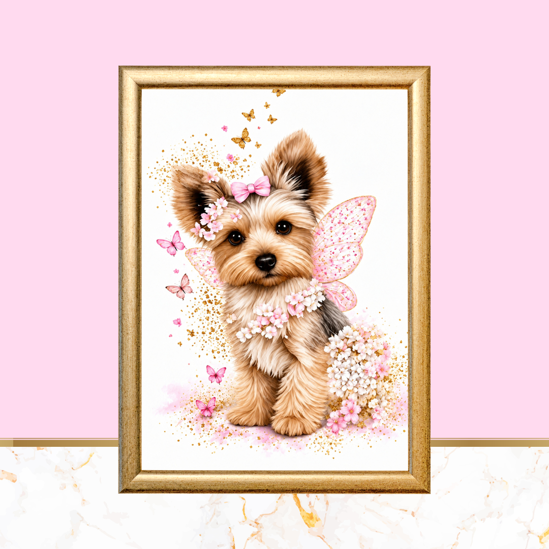 Pink Butterfly Yorkie Wall Art – Set of 3 Digital Prints