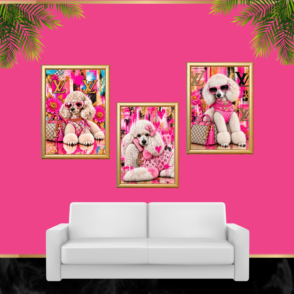Pink Pop Art Poodle Dog Wall Art Set of 3 Digital Download