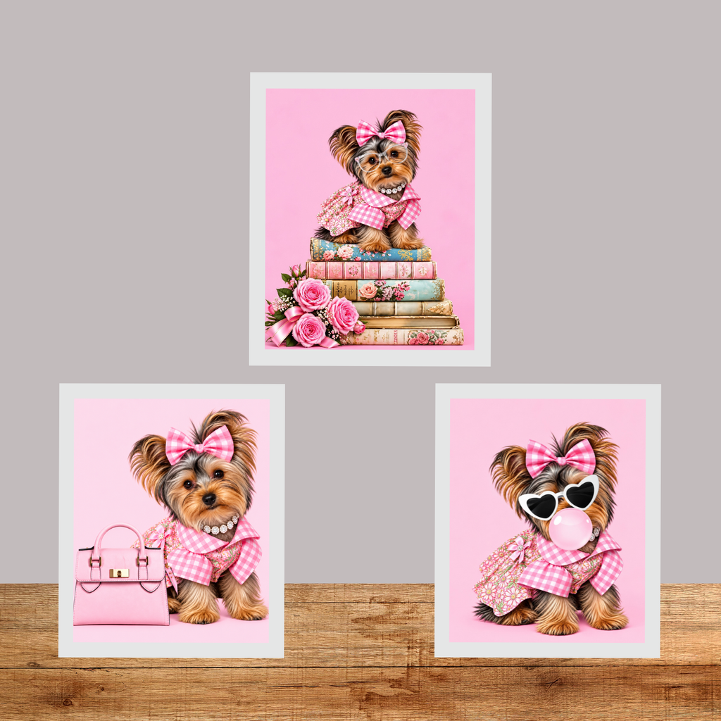 Pink Yorkie Wall Art Set of 3 Yorkshire Terrier Printable Digital Download