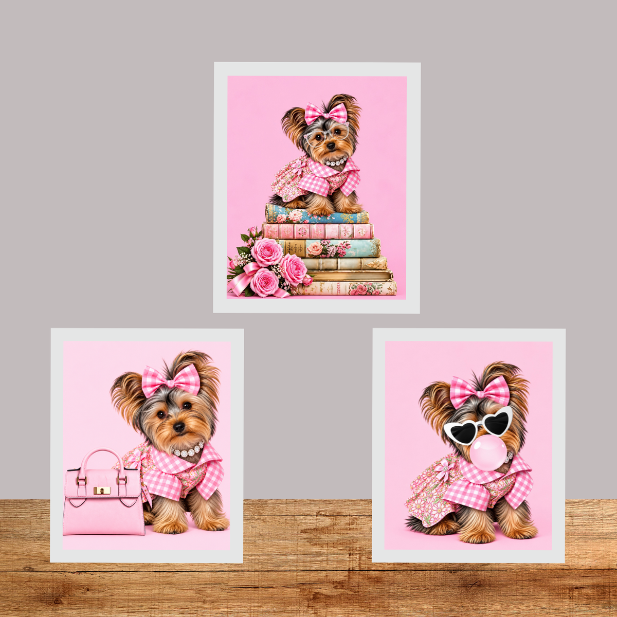 Pink Yorkie Wall Art Set of 3 Yorkshire Terrier Printable Digital Download