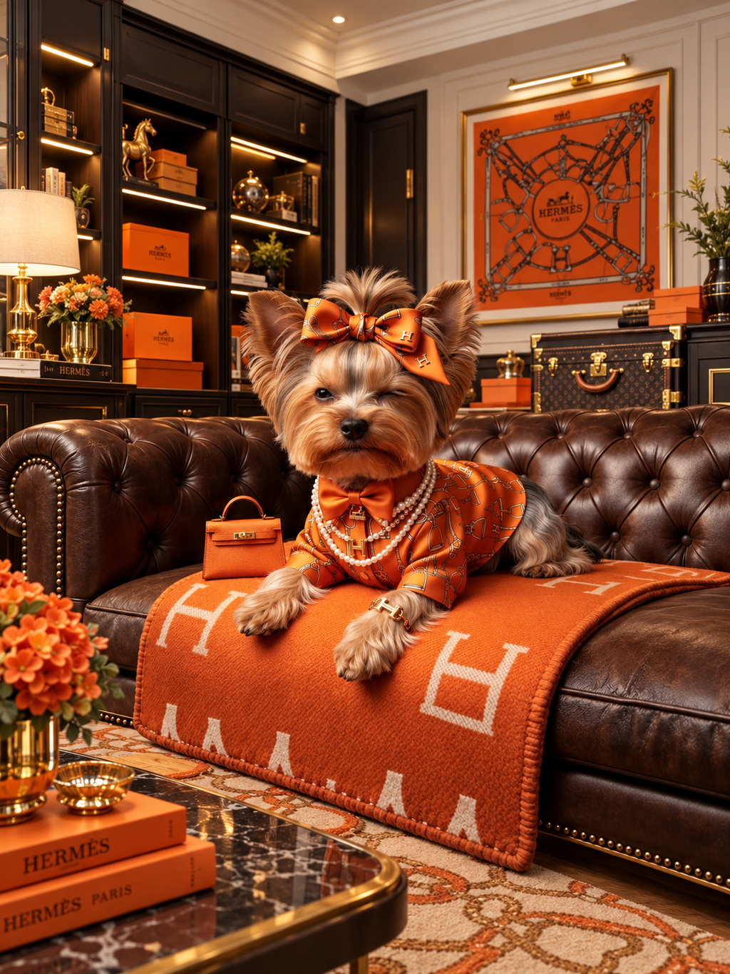 Luxury Yorkie Wall Art Set of 2, Orange Designer Inspired Dog Prints, Glamorous Yorkshire Terrier Decor, Fashion Dog Printable Digital Download