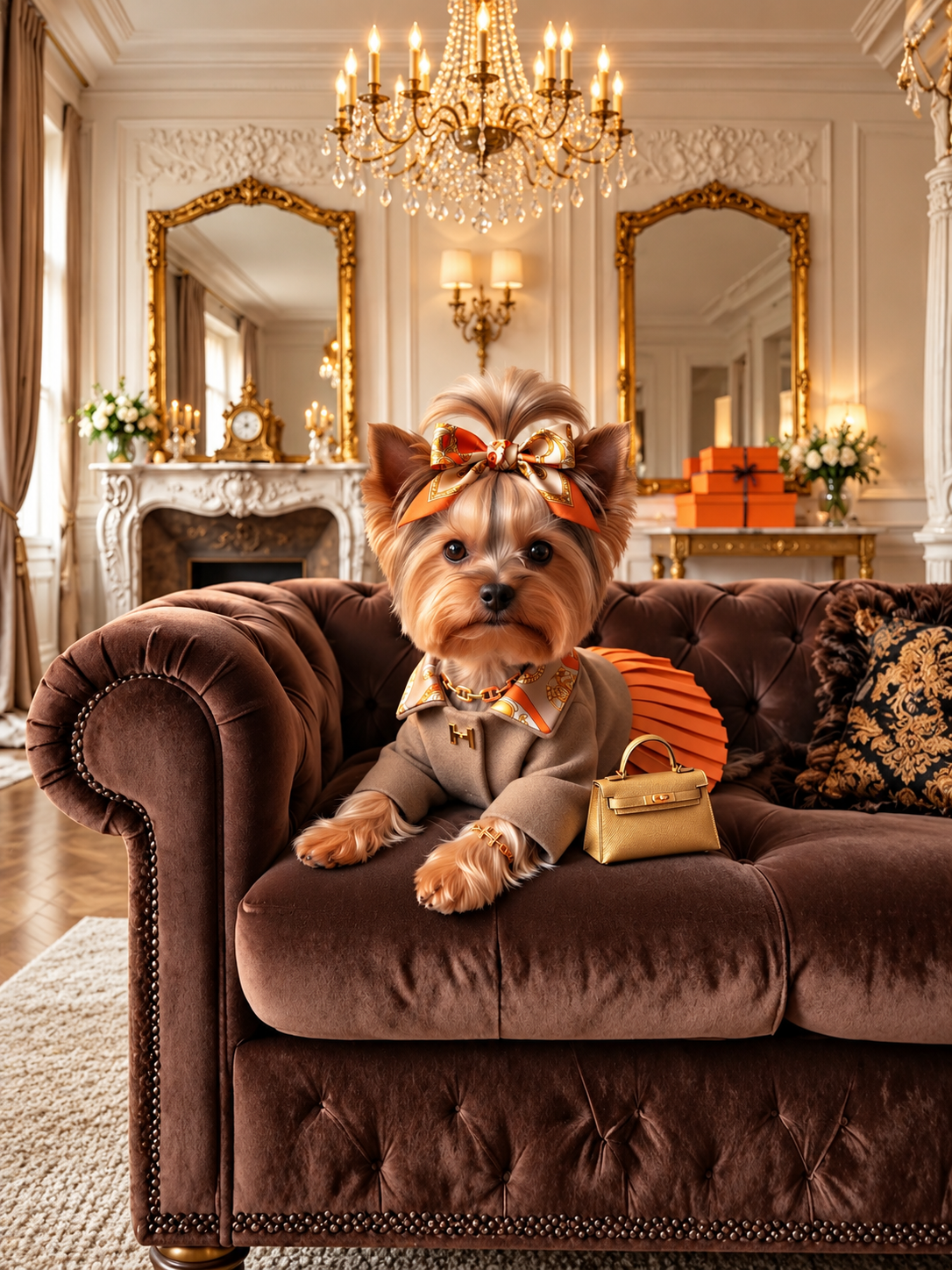 Luxury Yorkie Wall Art Set of 2, Orange Designer Inspired Dog Prints, Glamorous Yorkshire Terrier Decor, Fashion Dog Printable Digital Download