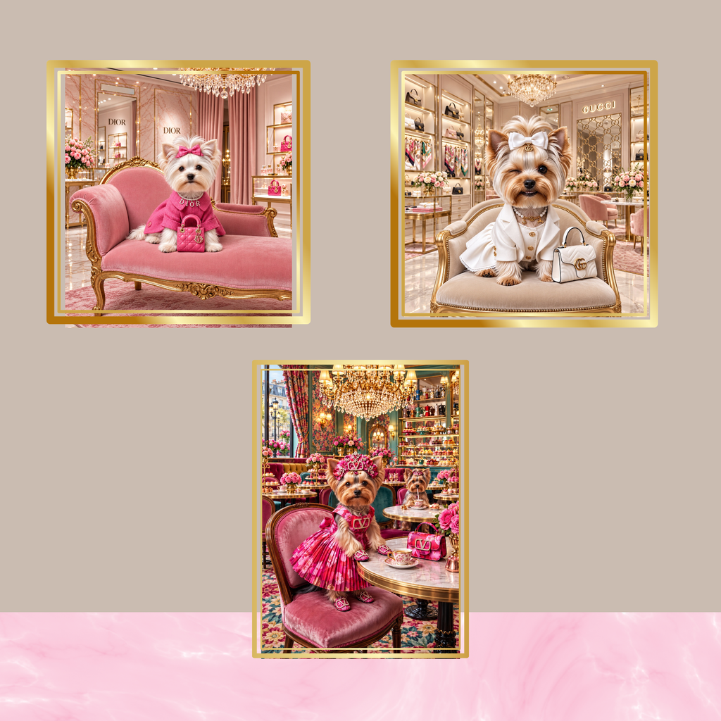 Designer Yorkie Wall Art Set of 3, Glam Yorkshire Terrier Prints,Luxury Dog Mom Gift, Digital Download