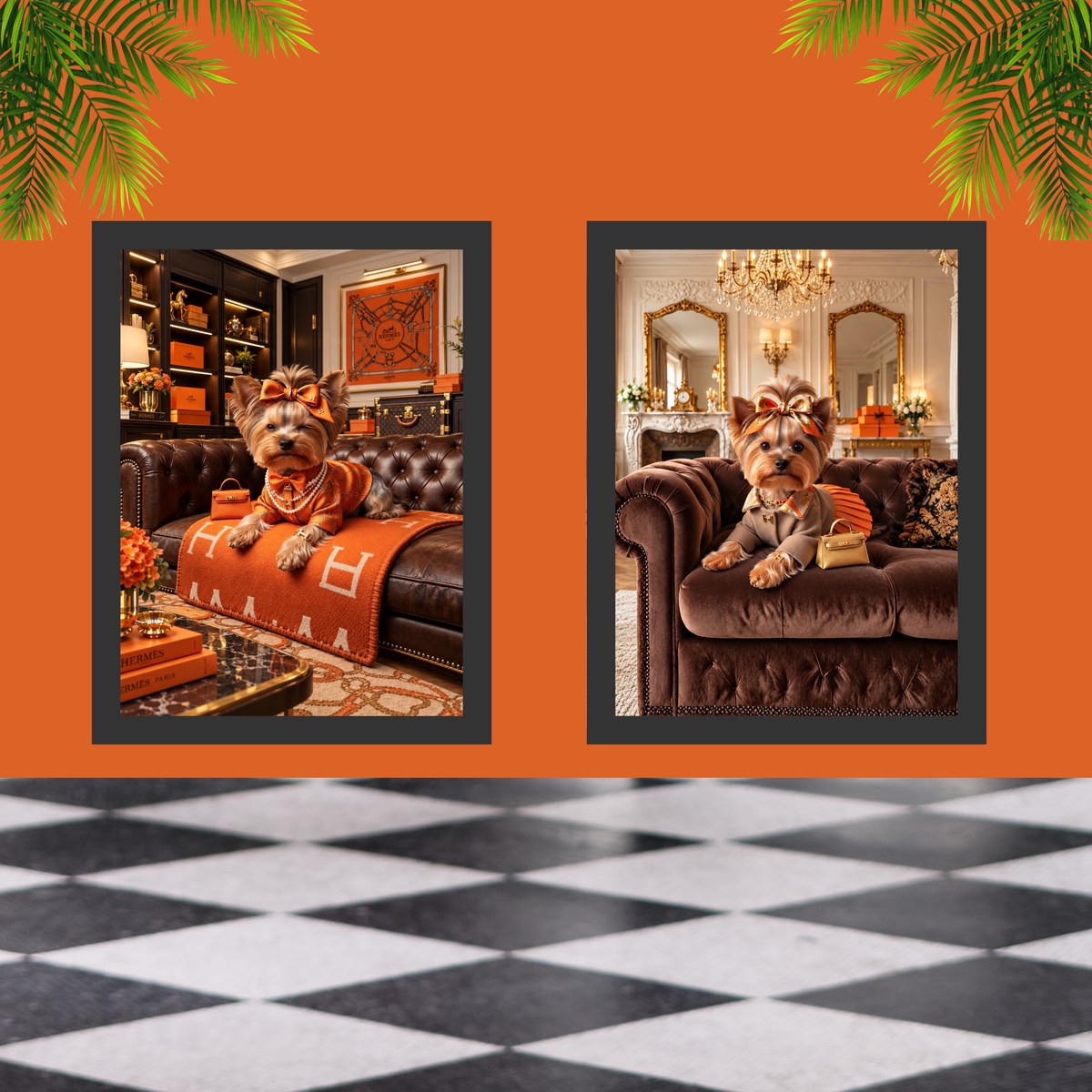 Luxury Yorkie Wall Art Set of 2, Orange Designer Inspired Dog Prints, Glamorous Yorkshire Terrier Decor, Fashion Dog Printable Digital Download