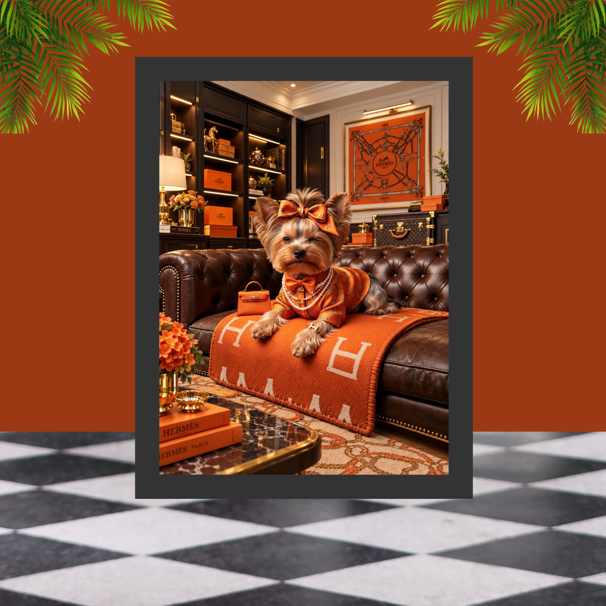 Luxury Yorkie Wall Art Set of 2, Orange Designer Inspired Dog Prints, Glamorous Yorkshire Terrier Decor, Fashion Dog Printable Digital Download