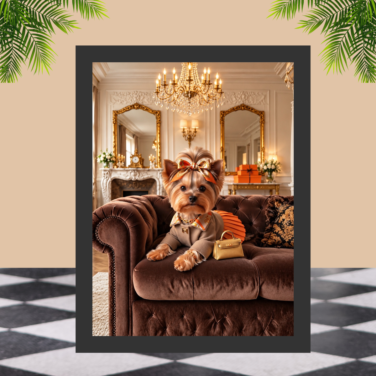 Luxury Yorkie Wall Art Set of 2, Orange Designer Inspired Dog Prints, Glamorous Yorkshire Terrier Decor, Fashion Dog Printable Digital Download