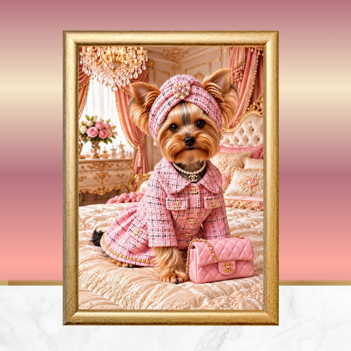 Pink Chanel Yorkie Dog Wall Art Set of 2 Printable Digital Download