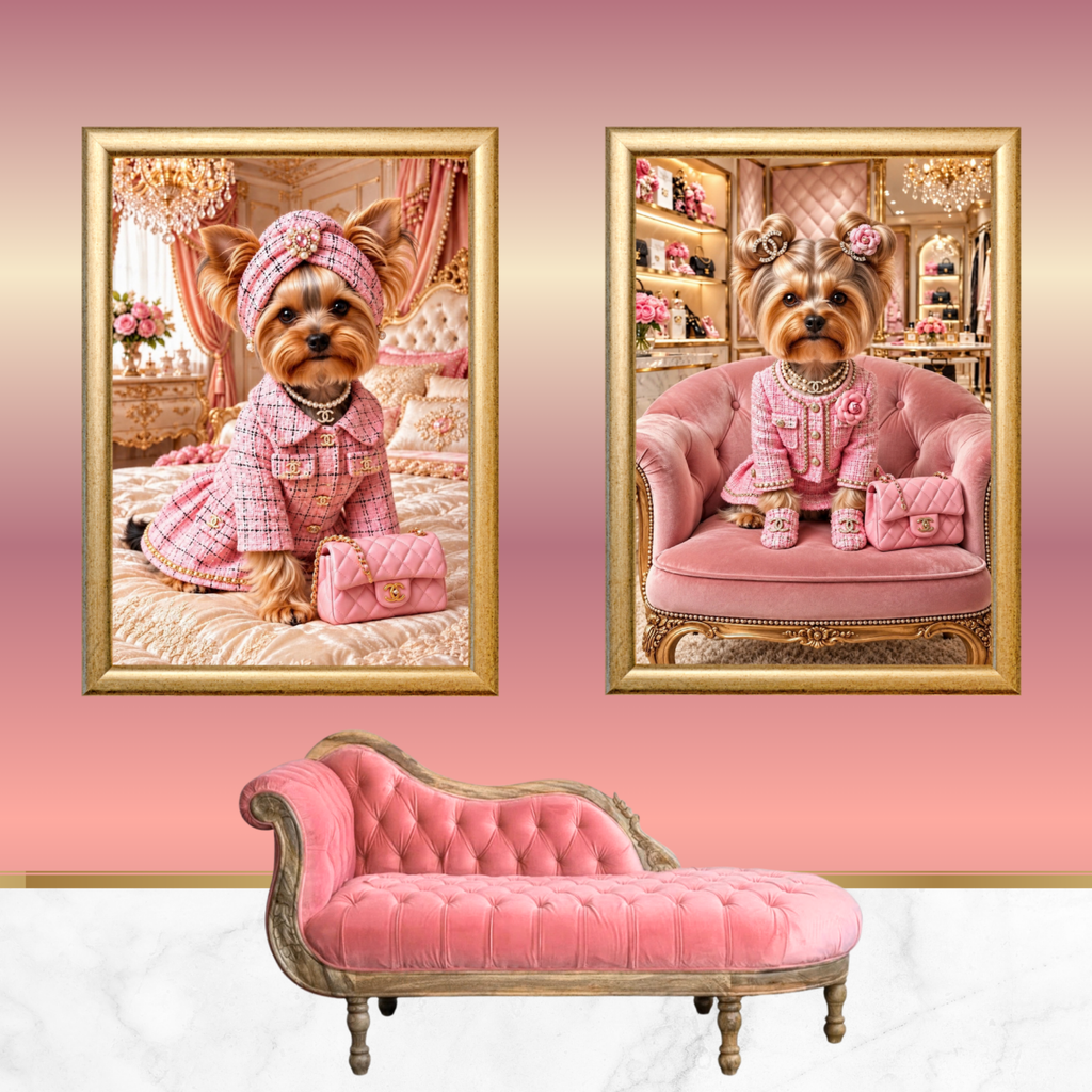 Pink Chanel Yorkie Dog Wall Art Set of 2 Printable Digital Download