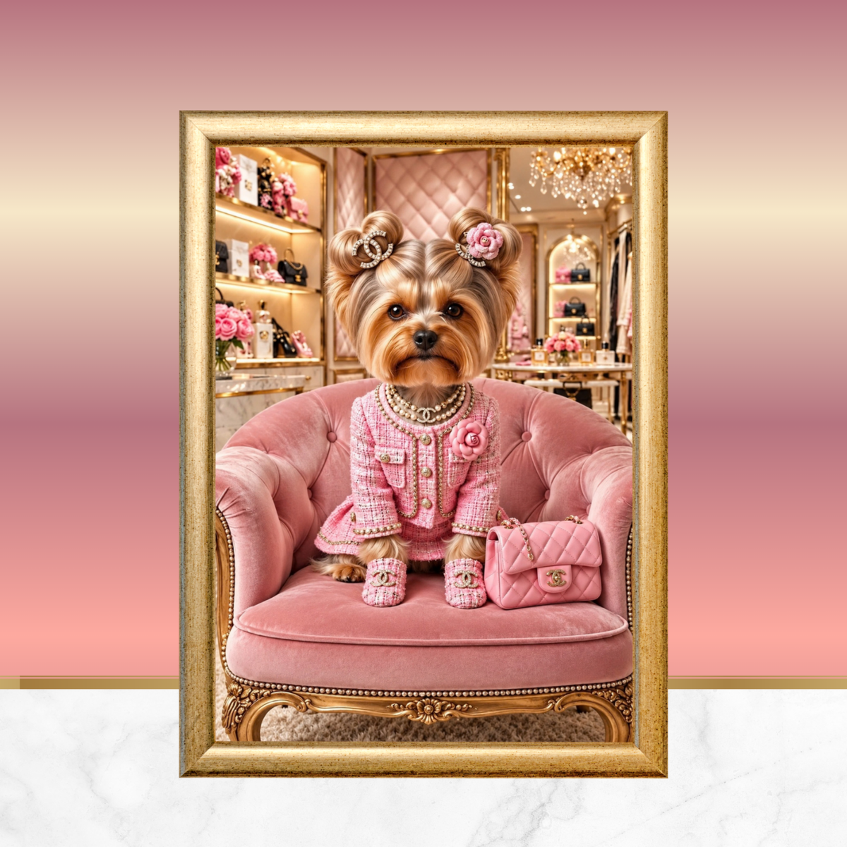 Pink Chanel Yorkie Dog Wall Art Set of 2 Printable Digital Download