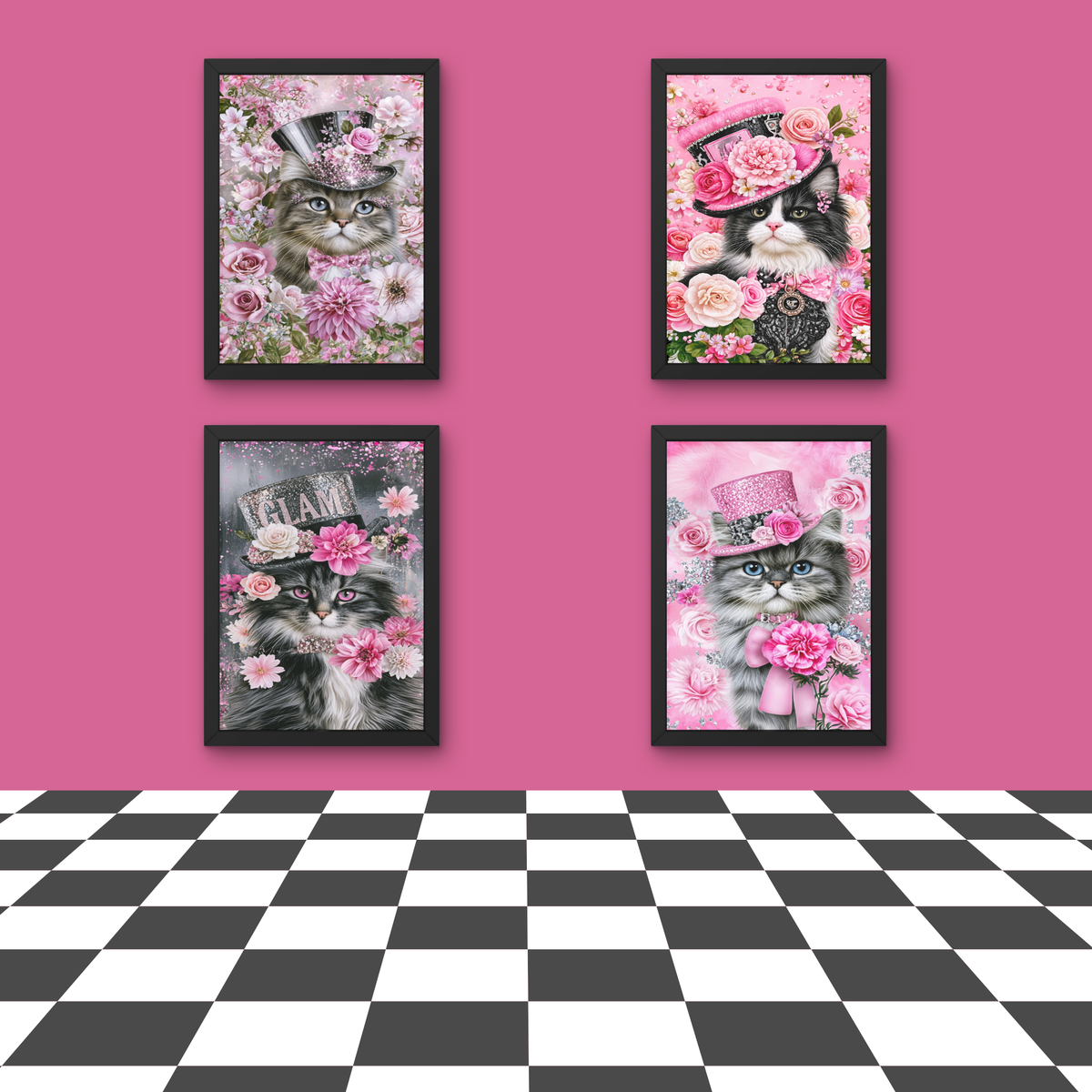 Pink Cat in a Hat Wall Art  Set of 4  Printable Digital Download