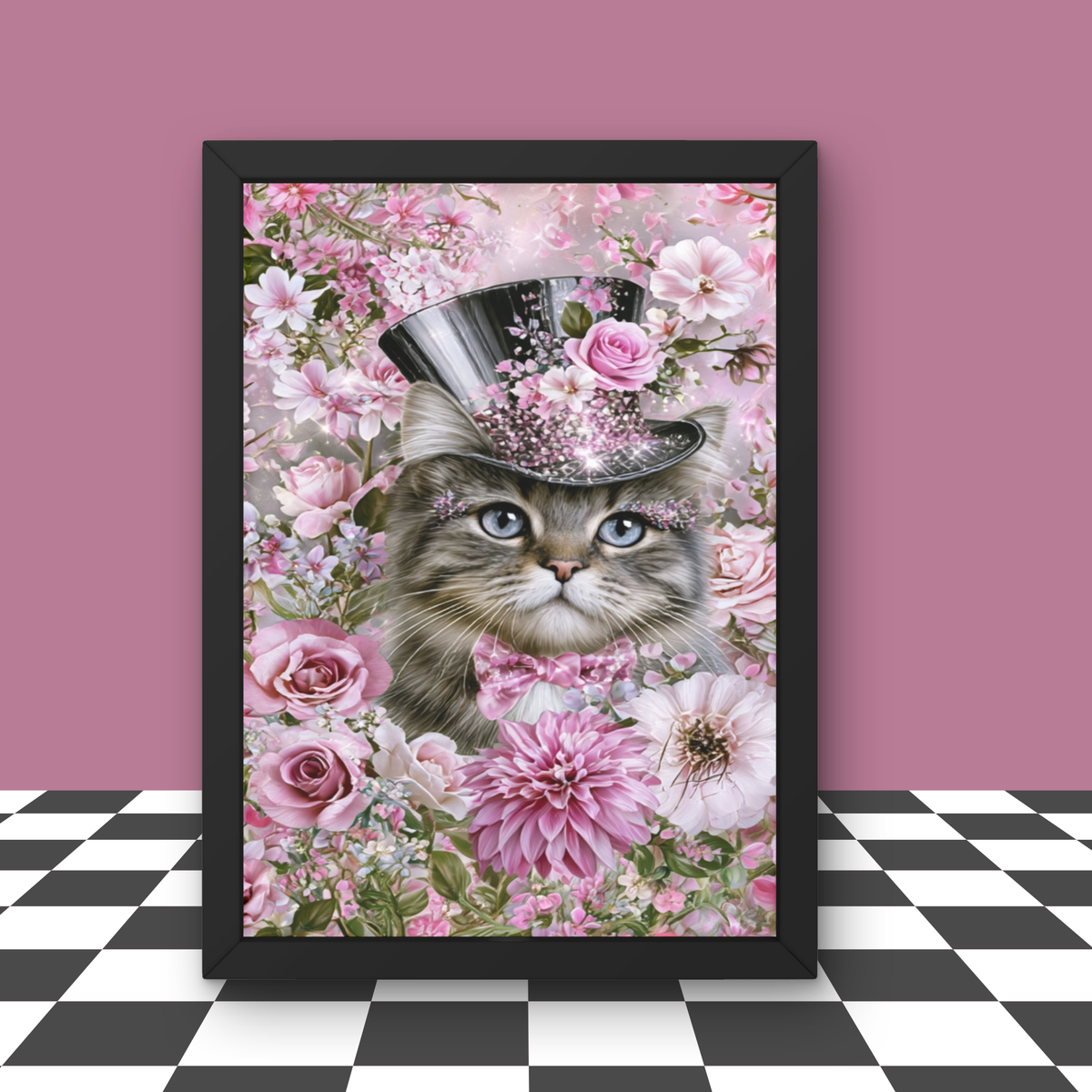 Pink Cat in a Hat Wall Art  Set of 4  Printable Digital Download