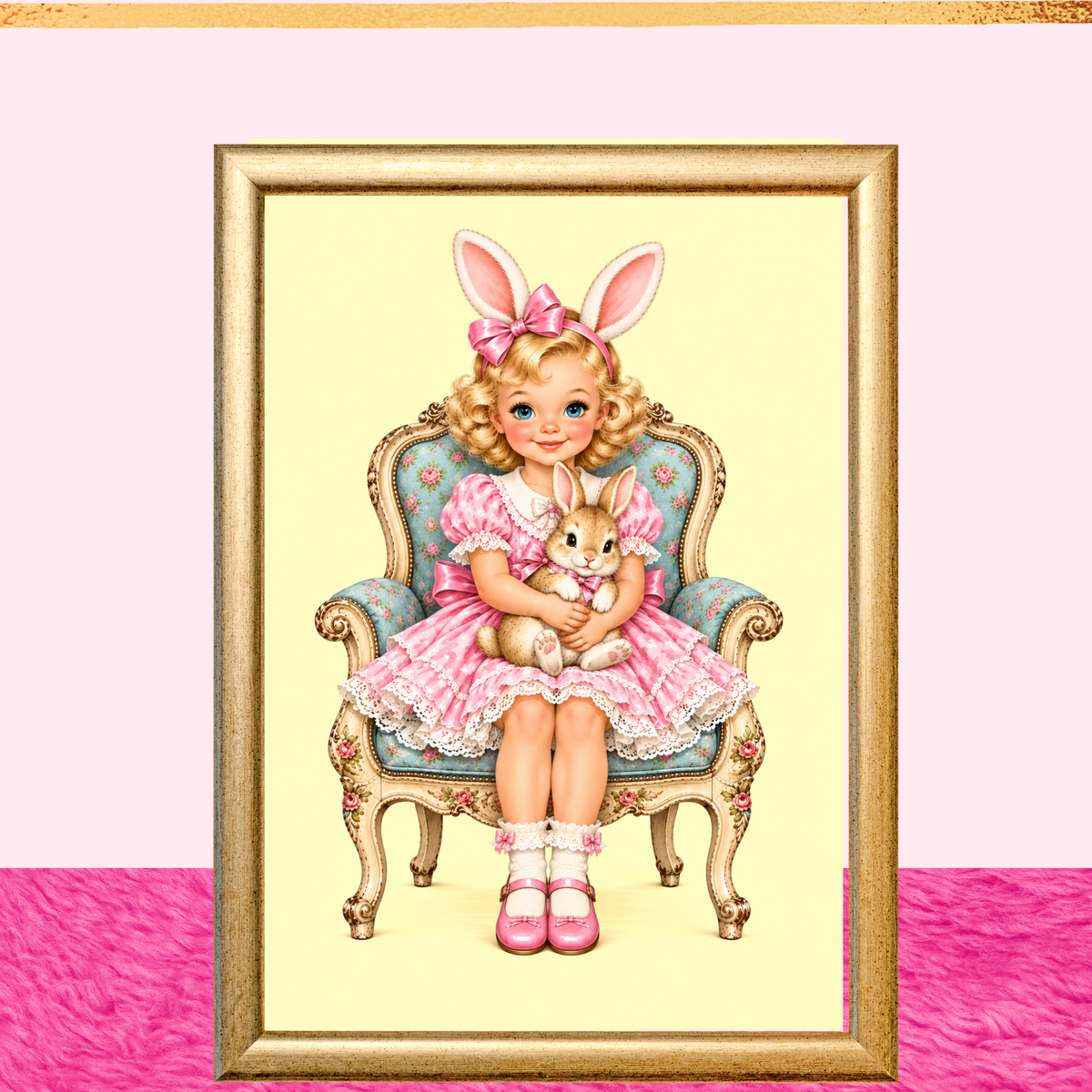 Vintage Bunny Girl Printable Wall Art, Pink Nursery Decor,Shabby Chic Digital Download